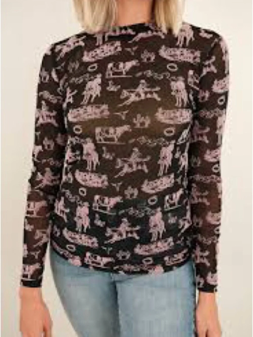 Women’s Black Sheer Long-Sleeve Top with Pink Cowboy Print